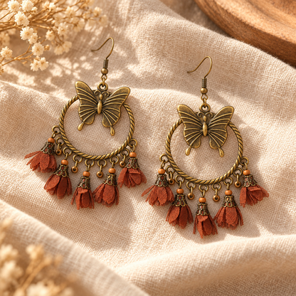 🦋 Boho Earrings | Antique Gold Metal | Festival Wear | Free Spirits | Butterfly Tassel Drops