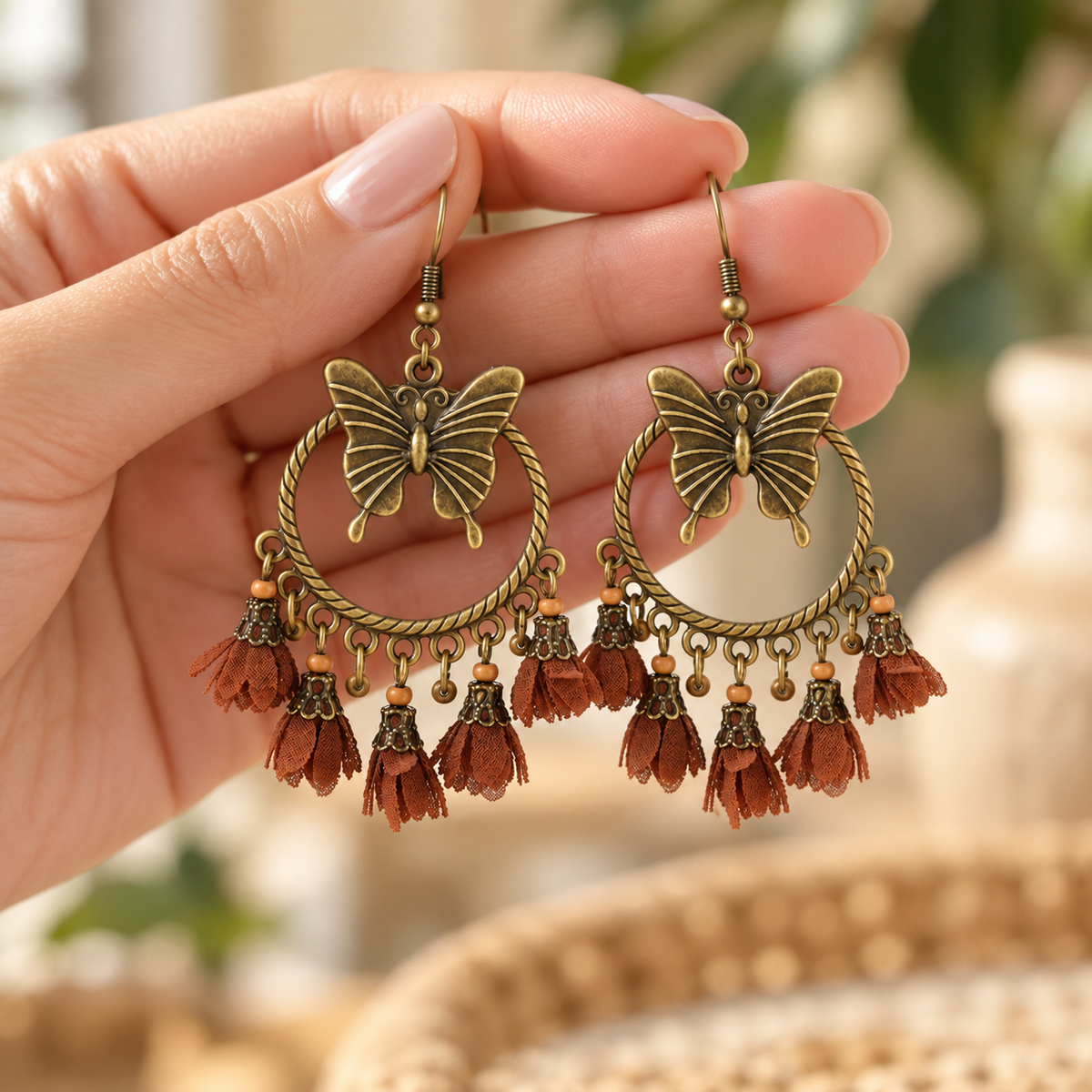 🦋 Boho Earrings | Antique Gold Metal | Festival Wear | Free Spirits | Butterfly Tassel Drops