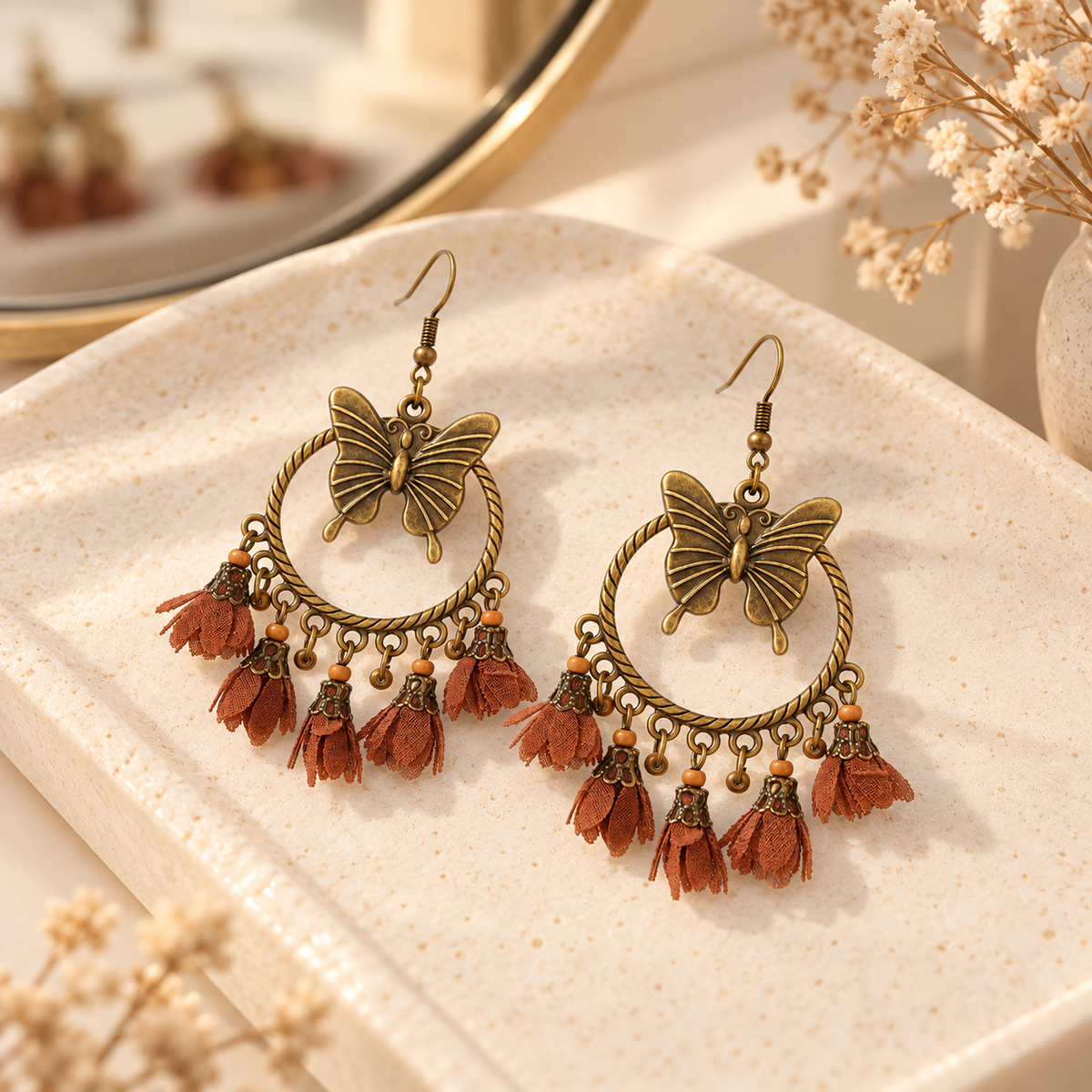 🦋 Boho Earrings | Antique Gold Metal | Festival Wear | Free Spirits | Butterfly Tassel Drops