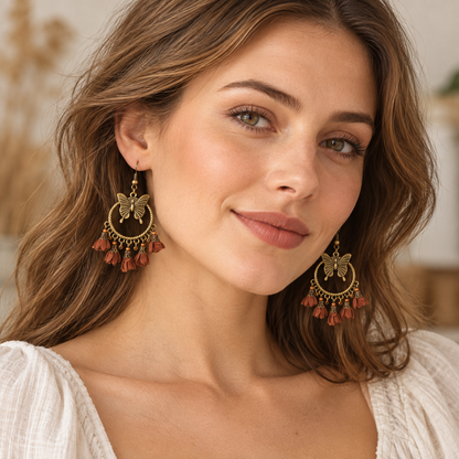 🦋 Boho Earrings | Antique Gold Metal | Festival Wear | Free Spirits | Butterfly Tassel Drops