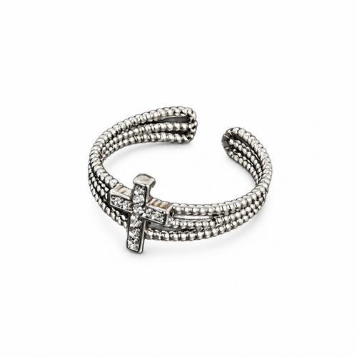 ✝️ Cross Ring | Silver-Tone Metal | Daily Wear | Vintage Lovers | Layered Crystal Cross