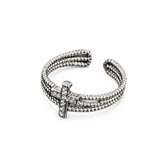 ✝️ Cross Ring | Silver-Tone Metal | Daily Wear | Vintage Lovers | Layered Crystal Cross