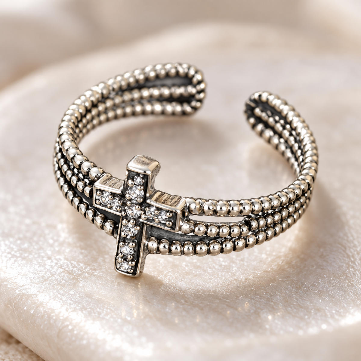 ✝️ Cross Ring | Silver-Tone Metal | Daily Wear | Vintage Lovers | Layered Crystal Cross