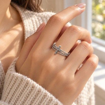 ✝️ Cross Ring | Silver-Tone Metal | Daily Wear | Vintage Lovers | Layered Crystal Cross
