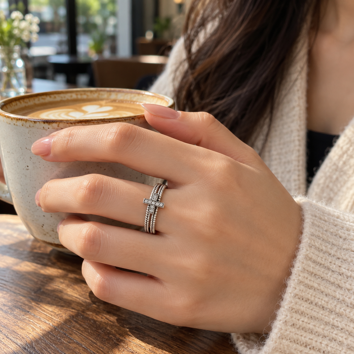 ✝️ Cross Ring | Silver-Tone Metal | Daily Wear | Vintage Lovers | Layered Crystal Cross