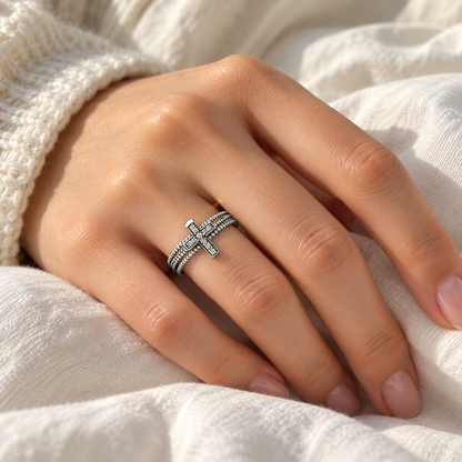 ✝️ Cross Ring | Silver-Tone Metal | Daily Wear | Vintage Lovers | Layered Crystal Cross