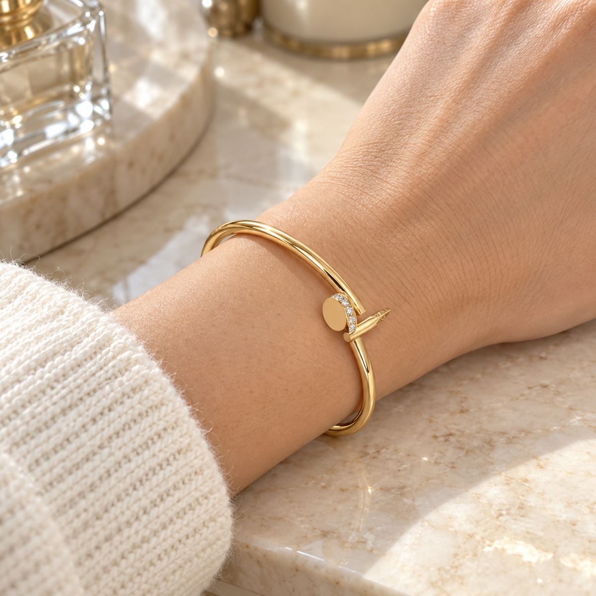 🔩 Cuff Bracelet | Gold-Tone Metal | Daily Wear | Jewelry Lovers | Nail-Inspired Sparkle