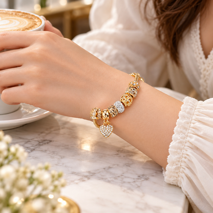 💛 Charm Bracelet | Gold-Tone Alloy | Daily Wear | Jewelry Lovers | Crystal Heart Beads