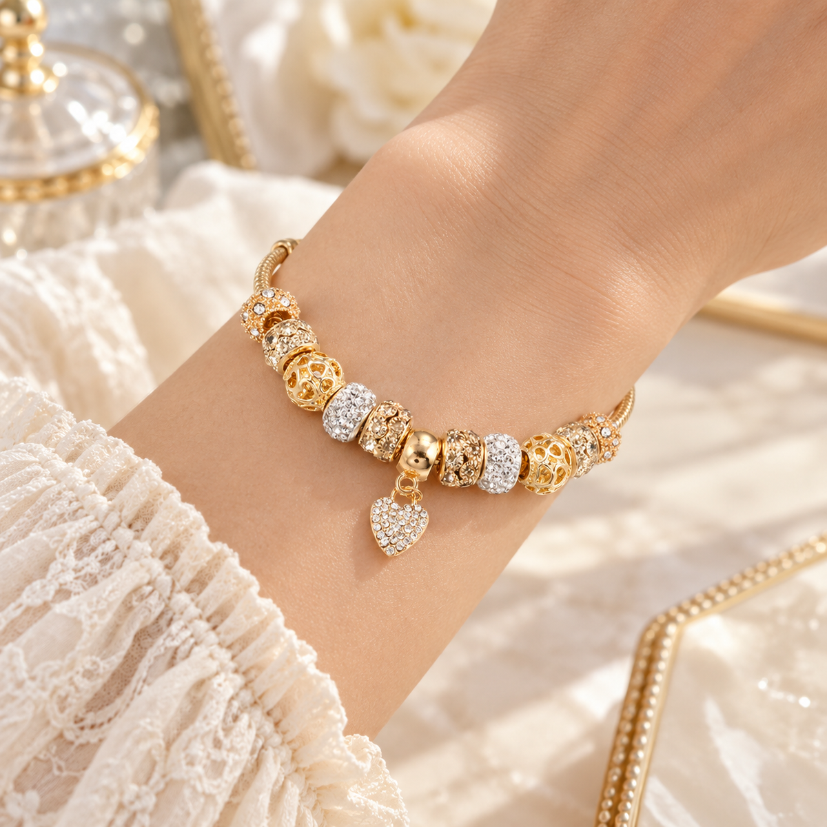 💛 Charm Bracelet | Gold-Tone Alloy | Daily Wear | Jewelry Lovers | Crystal Heart Beads