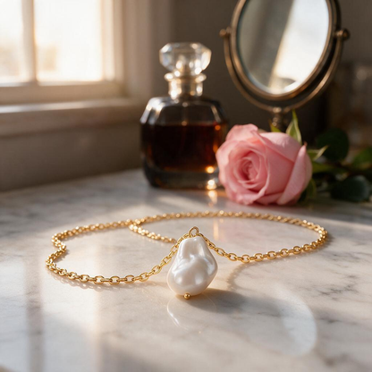 🦪 Pearl Necklace | Gold-Tone | Evening | Her Gift | Baroque Pendant