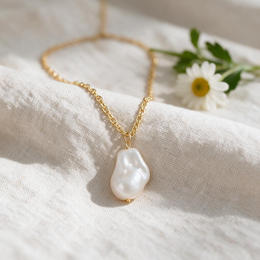 🦪 Pearl Necklace | Gold-Tone | Evening | Her Gift | Baroque Pendant