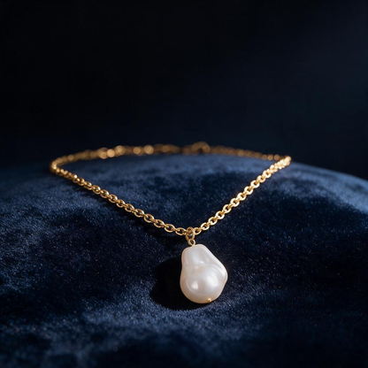 🦪 Pearl Necklace | Gold-Tone | Evening | Her Gift | Baroque Pendant