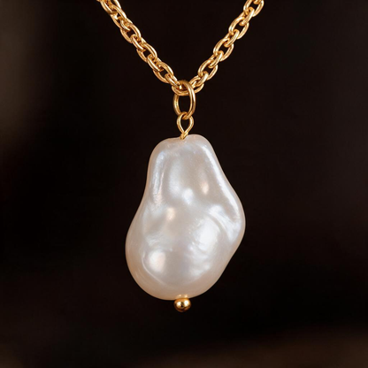 🦪 Pearl Necklace | Gold-Tone | Evening | Her Gift | Baroque Pendant