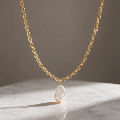 🦪 Pearl Necklace | Gold-Tone | Evening | Her Gift | Baroque Pendant