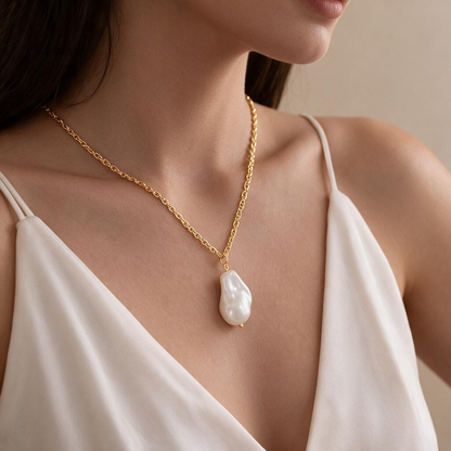 🦪 Pearl Necklace | Gold-Tone | Evening | Her Gift | Baroque Pendant